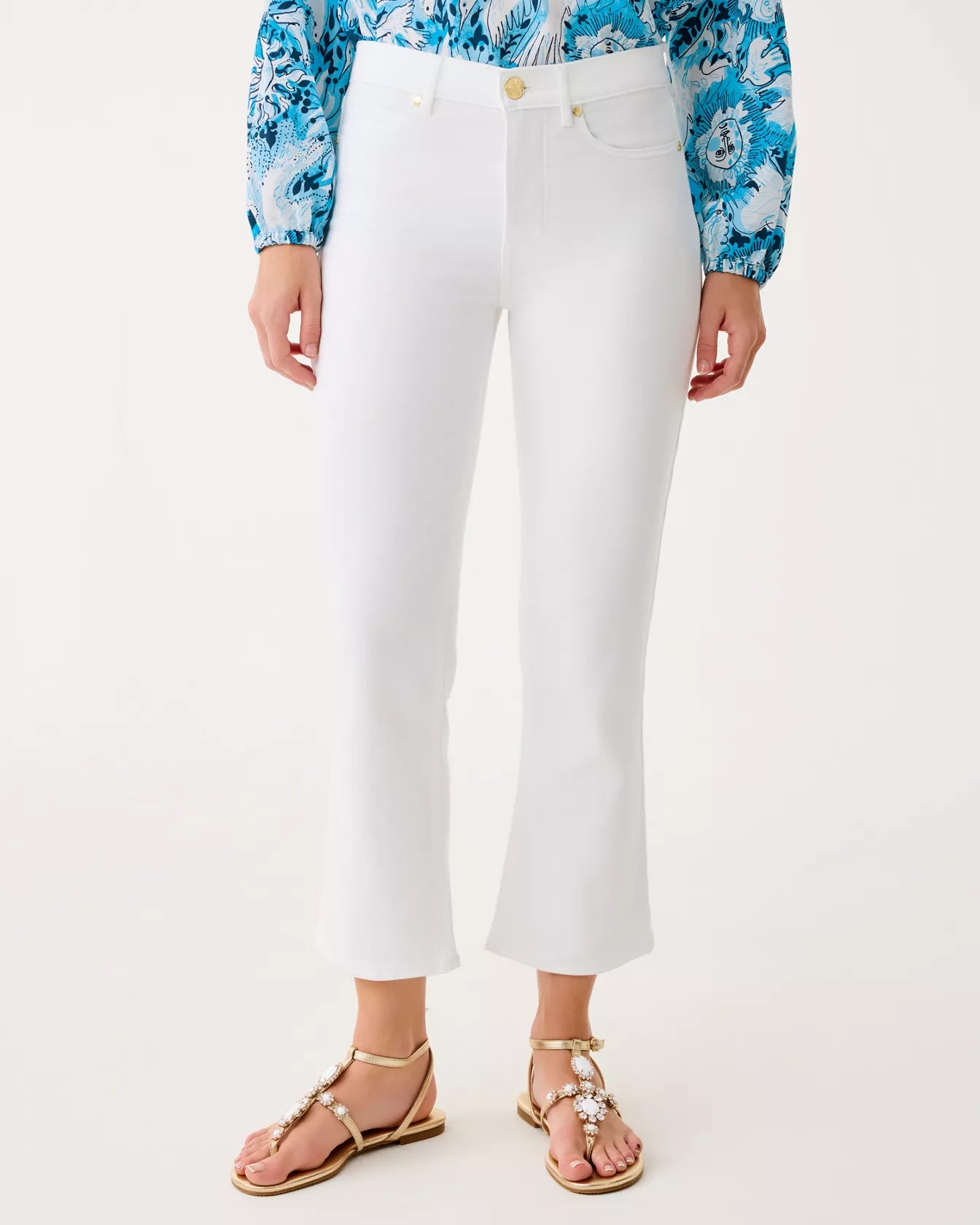 High Rise Stretch Denim Cropped Flare White Jeans