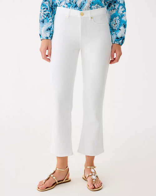 High Rise Stretch Denim Cropped Flare White Jeans