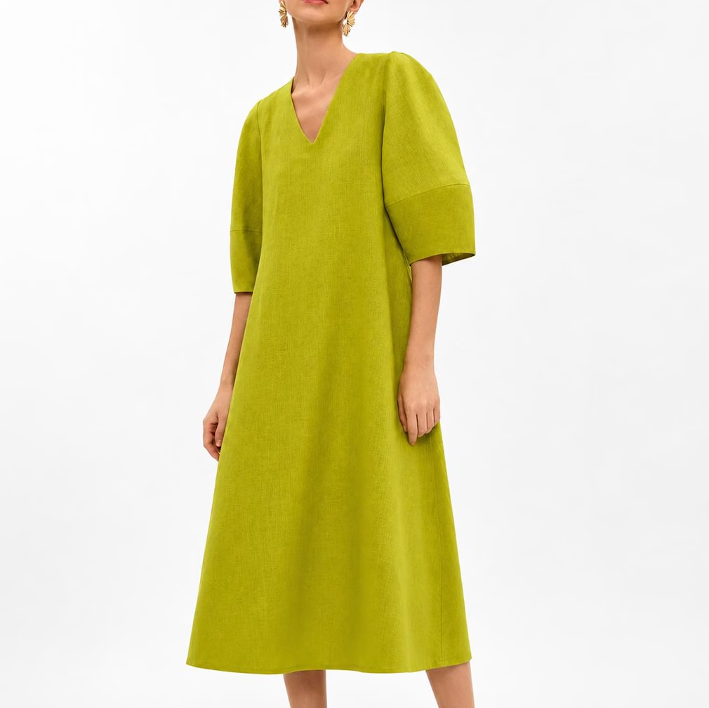 V Neck Voluminous Sleeve Linen Blend A Line Midi Shift Dress