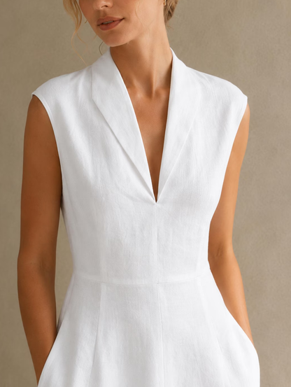 Sleeveless Lapel Collar Fitted Waist A Line Linen Midi Dress