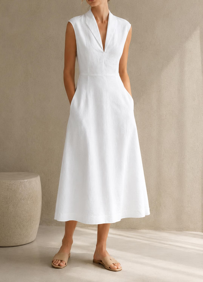 Sleeveless Lapel Collar Fitted Waist A Line Linen Midi Dress