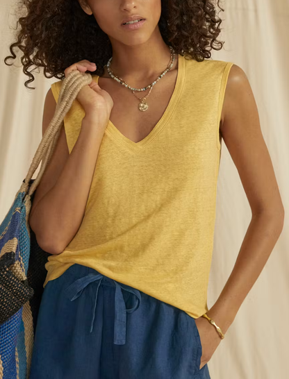 V Neck Wide Strap Relaxed Fit Pure Linen Jersey Tank Top