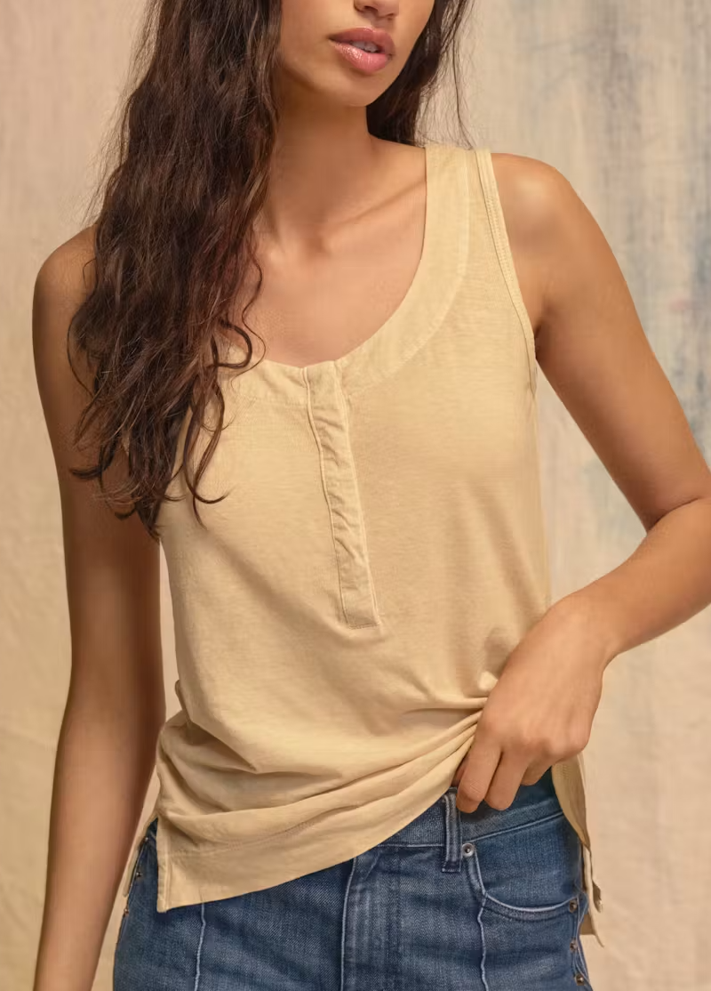 Round Neck Popper Half Placket Organic Cotton Hemp Slim Sleeveless Tank Top