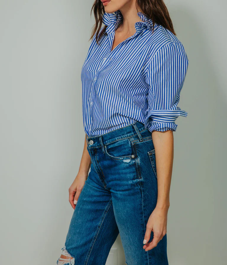 Ruffle Collar Vertical Stripe Relaxed Boyfriend Fit Blouse