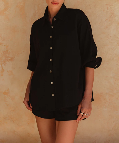 Women’s Oversized Relaxed Fit Linen Short Sleeve Button Down Shirt
