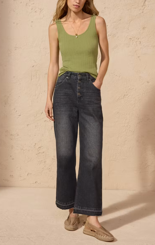 Fitted Scoop Neck Side Slit  Organic Cotton Rib Knit Tank Top