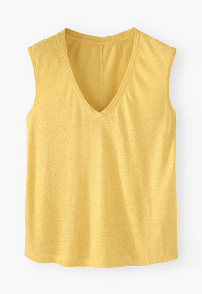 Linen Relaxed Fit V Neck Wide Strap Curved Hem Tank Top