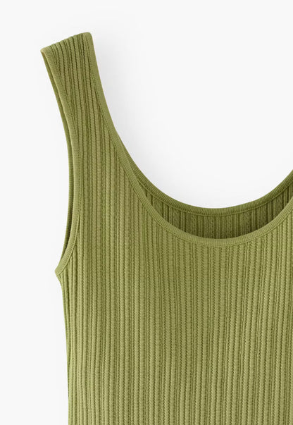 Fitted Scoop Neck Side Slit  Organic Cotton Rib Knit Tank Top