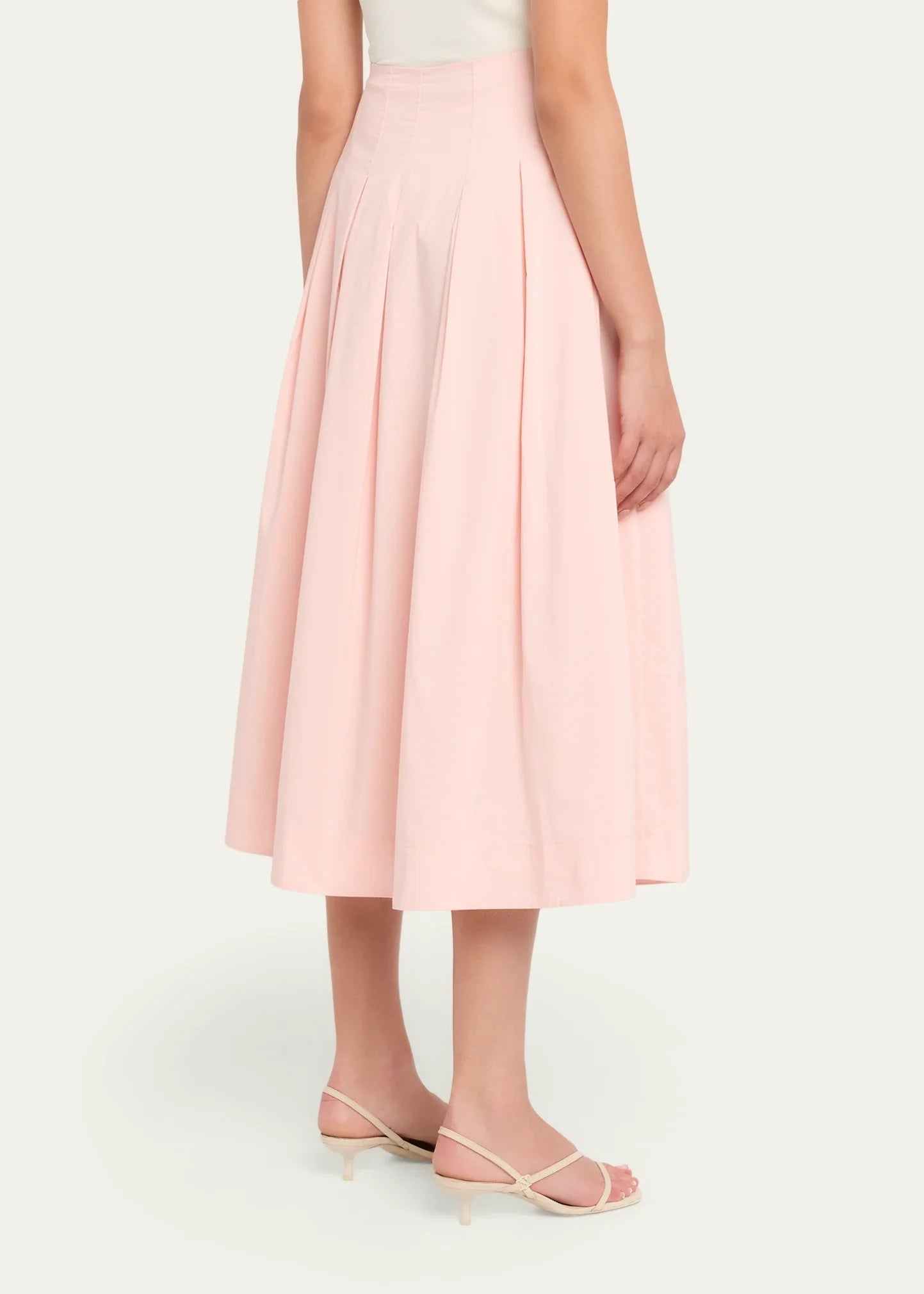 High Waist Pleated Cotton Blend Flared Midi Skirt