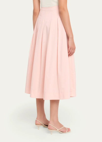 High Waist Pleated Cotton Blend Flared Midi Skirt