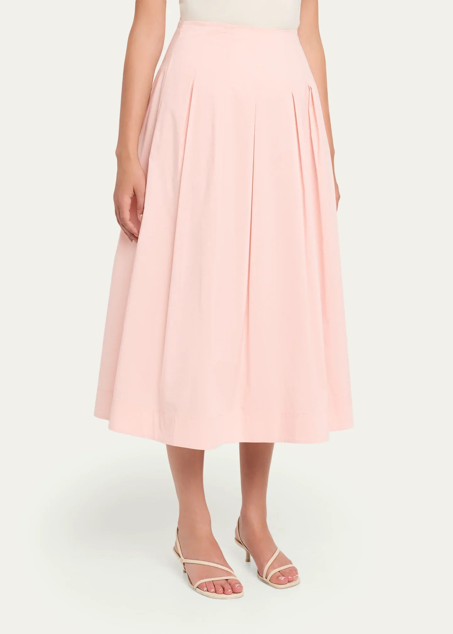 High Waist Pleated Cotton Blend Flared Midi Skirt