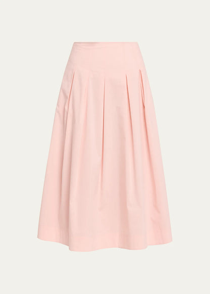 High Waist Pleated Cotton Blend Flared Midi Skirt