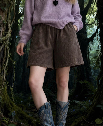 Elastic Waist Relaxed Fit Cotton Corduroy Casual Shorts