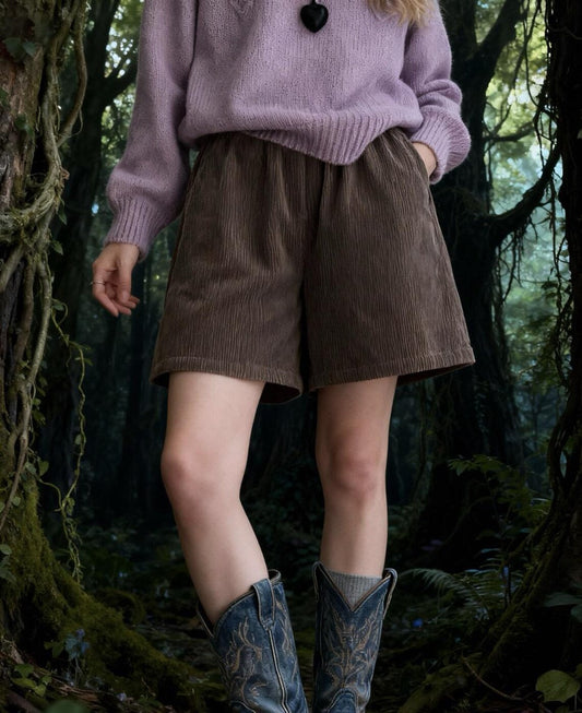 Elastic Waist Relaxed Fit Cotton Corduroy Casual Shorts