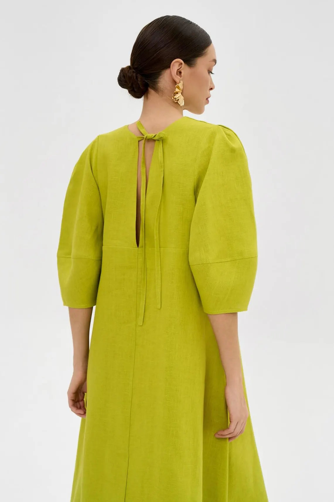 V Neck Voluminous Sleeve Linen Blend A Line Midi Shift Dress