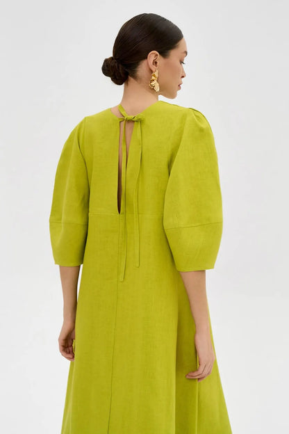 V Neck Voluminous Sleeve Linen Blend A Line Midi Shift Dress