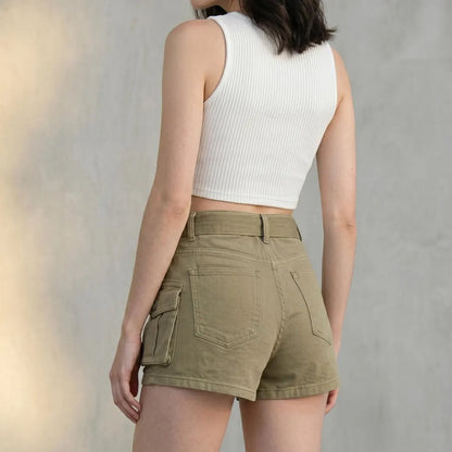 High Waist Multi Cargo Pocket Loose Fit Cotton Utility Shorts