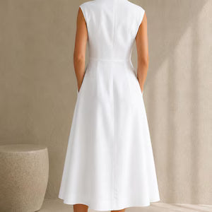 Sleeveless Lapel Collar Fitted Waist A Line Linen Midi Dress