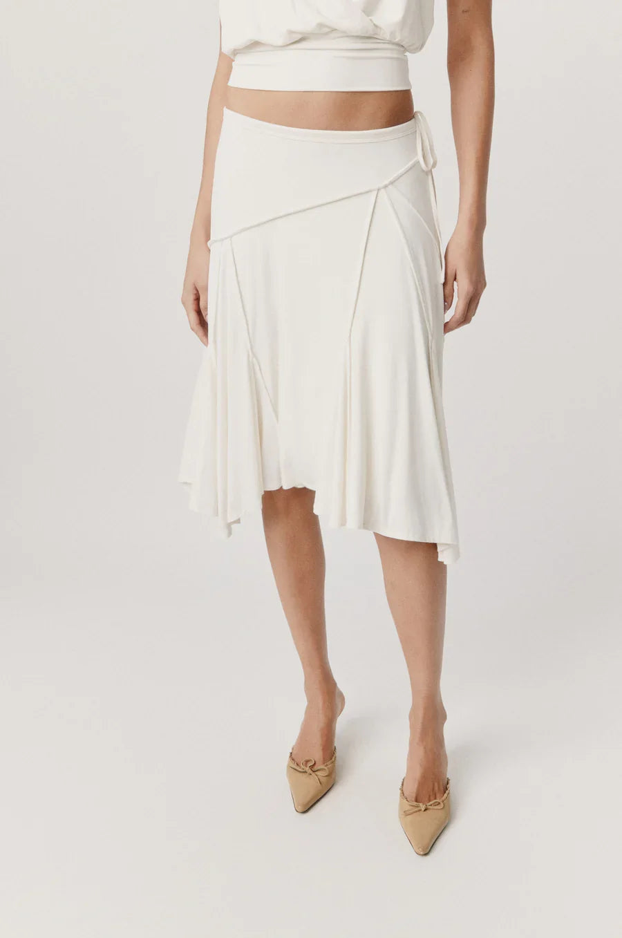 Low Waist Side Tie Asymmetric Panel Flowy Midi Skirt