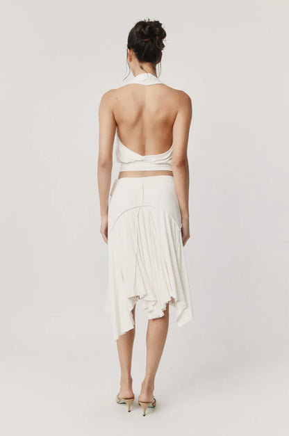 Low Waist Side Tie Asymmetric Panel Flowy Midi Skirt